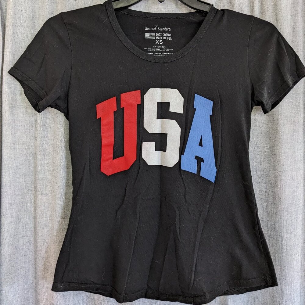 USA graphic t-shirt womens XS 100% cotton black fitted America patriotic